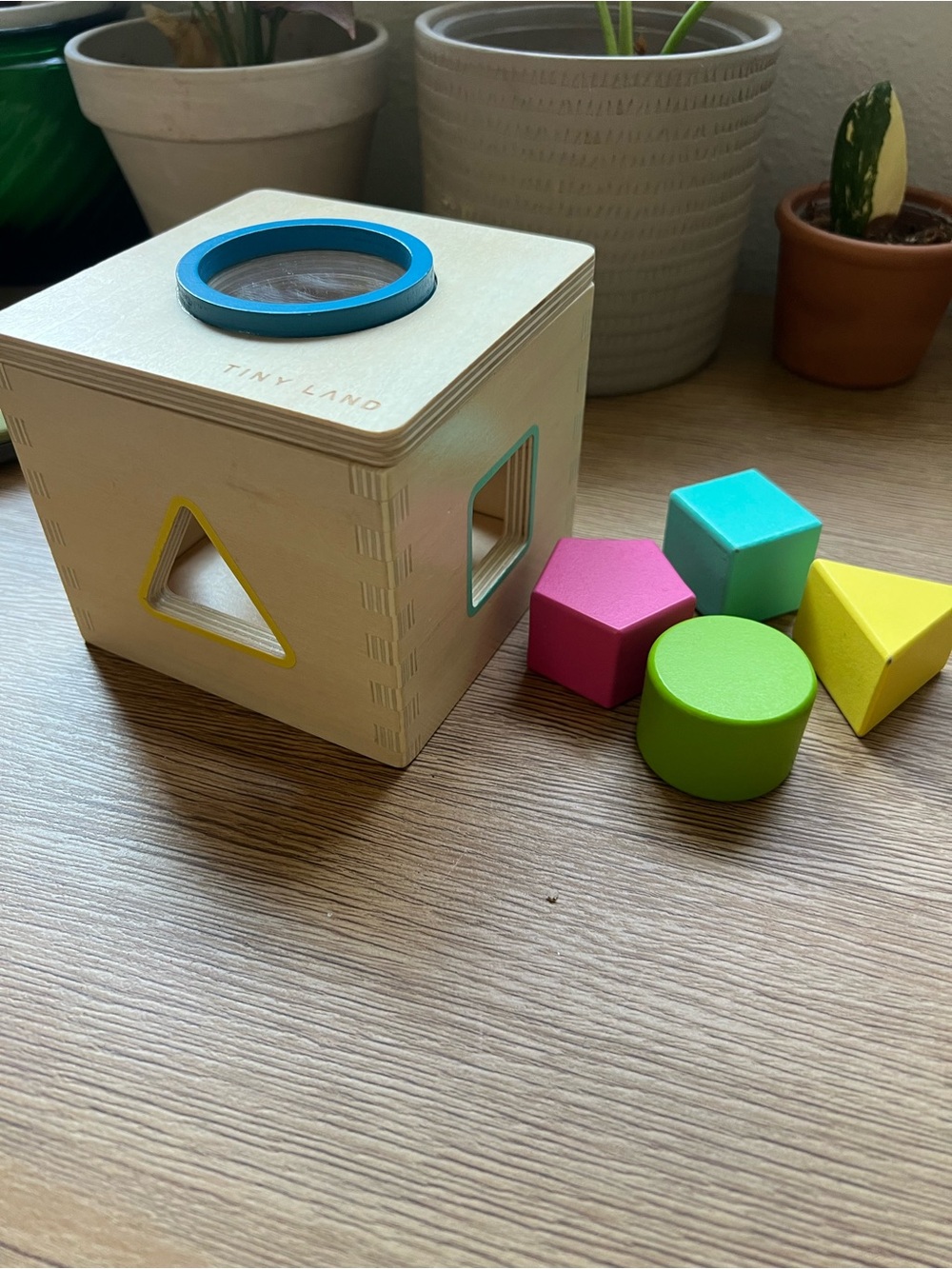 Wooden Shape Sorter with Bright Pink, Green, Yellow & Blue Shapes